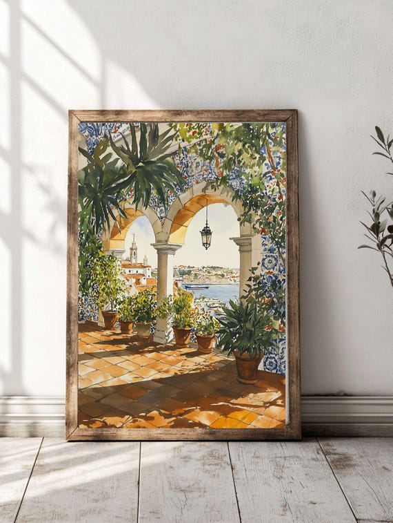 Portugal Terrace Lisbon Watercolor Travel Poster
