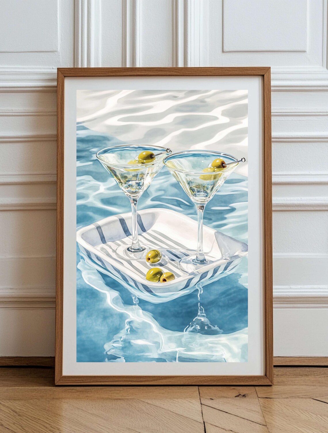 Poolside Martini Glasses on Striped Tray Watercolor Summer Poster
