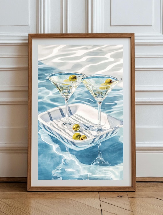 Poolside Martini Glasses on Striped Tray Watercolor Summer Poster