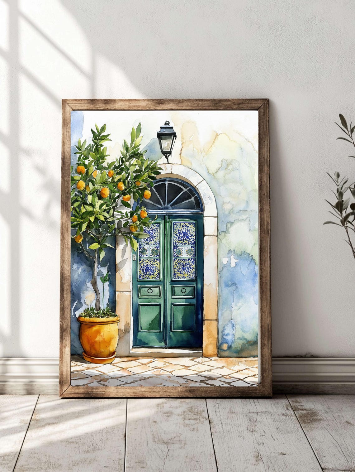 Charming Portugal Teal Tile Door Orange Tree Watercolor Poster