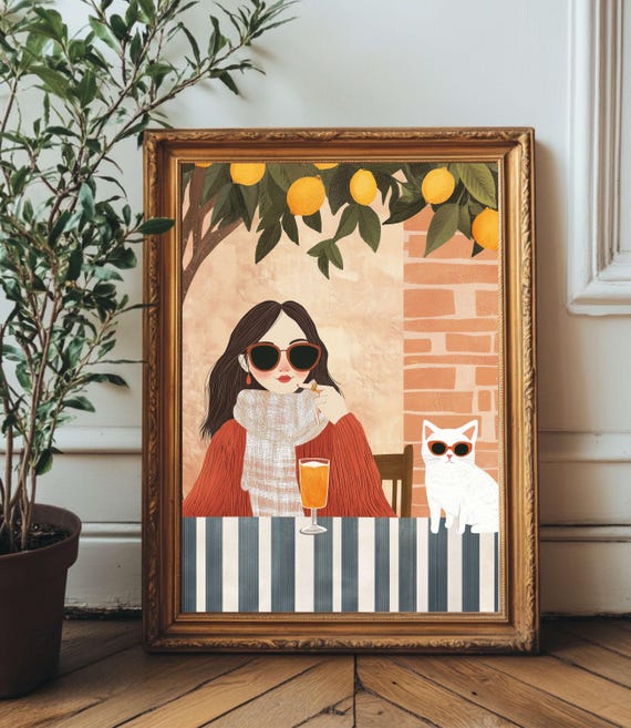 Cozy Cat And Girl Lemon Tree Wall Art Fashion Illustration Cute Cafe Scene For Home Decor