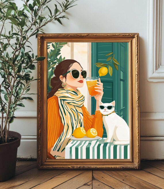 Italian Summer Aperol Woman with Cat Print Among Lemons in Retro Style