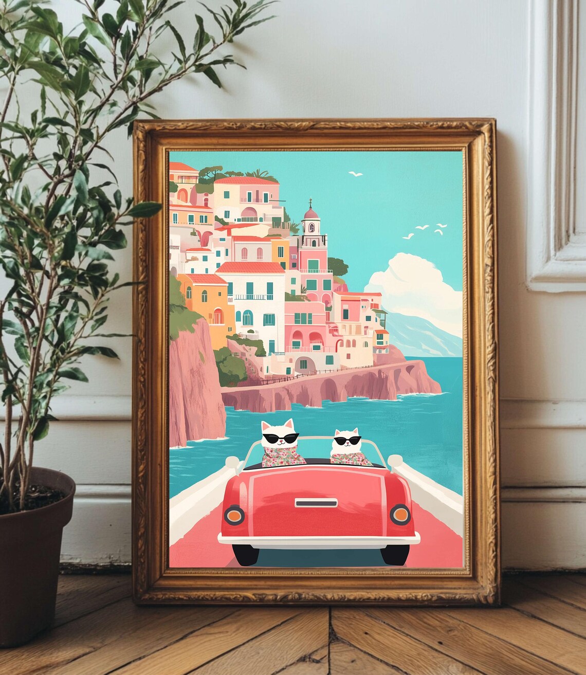 Amalfi Coast Cats Retro Road Trip Italian Summer Poster Two Cats in Car