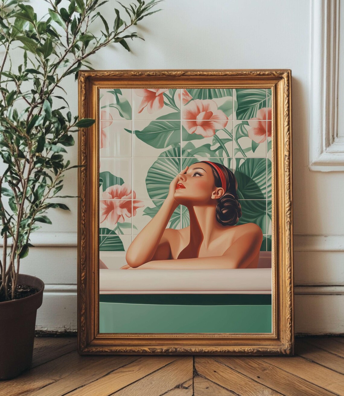Retro Woman In Bathtub With Tropical Tiles Midcentury Style Art Print