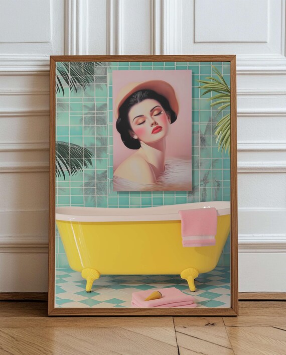 Yellow Clawfoot Tub With Pink Lady Portrait Retro Bathroom Poster