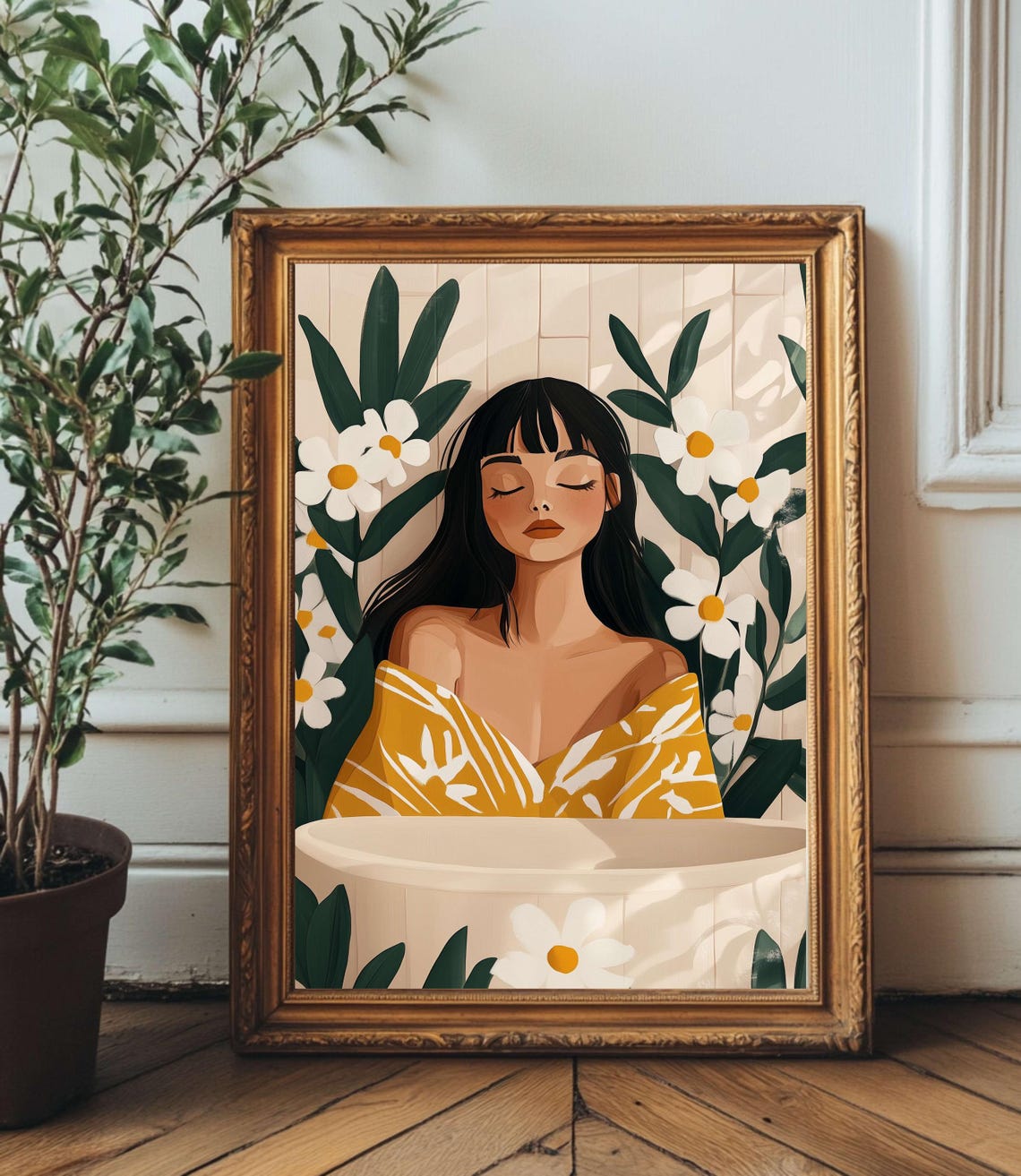 Boho Woman In Bath Mustard Robe White Daisies Illustration Poster