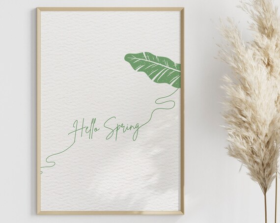 Hello Spring Green One Line Leaf Botanical Minimal Spring Print