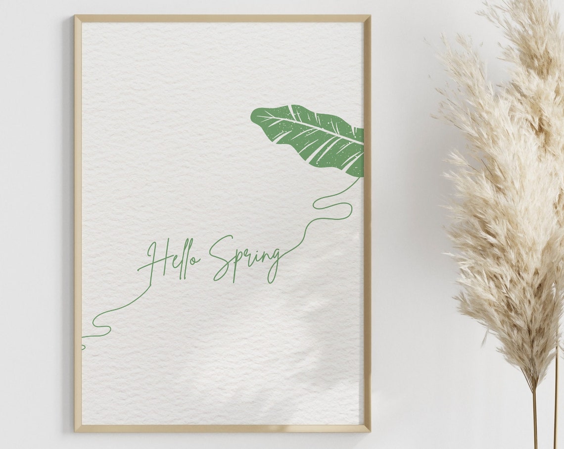 Hello Spring Green One Line Leaf Botanical Minimal Spring Print