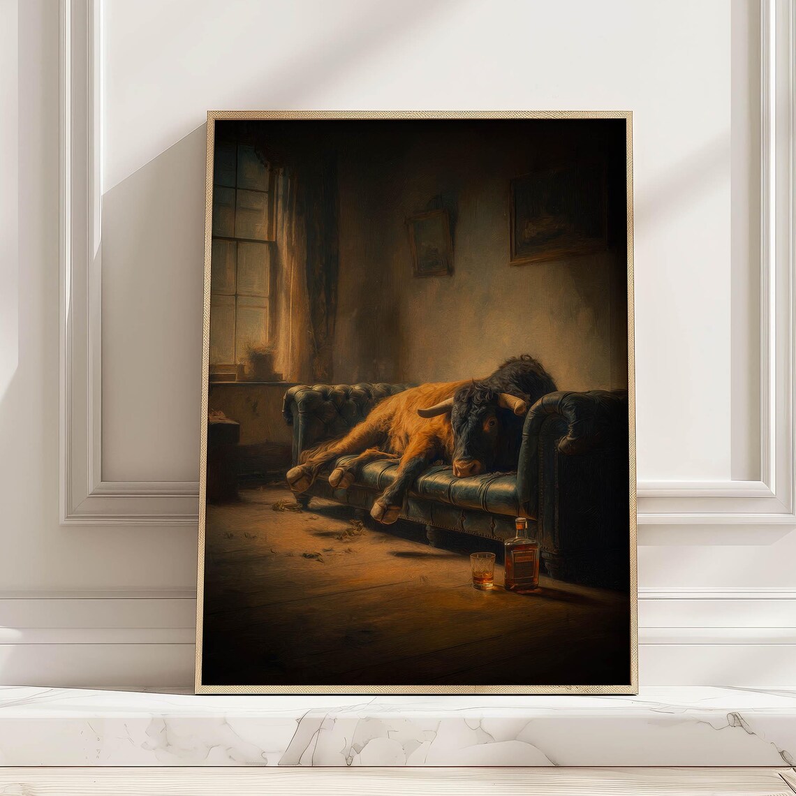Bull On Chesterfield Sofa, Vintage Poster Print