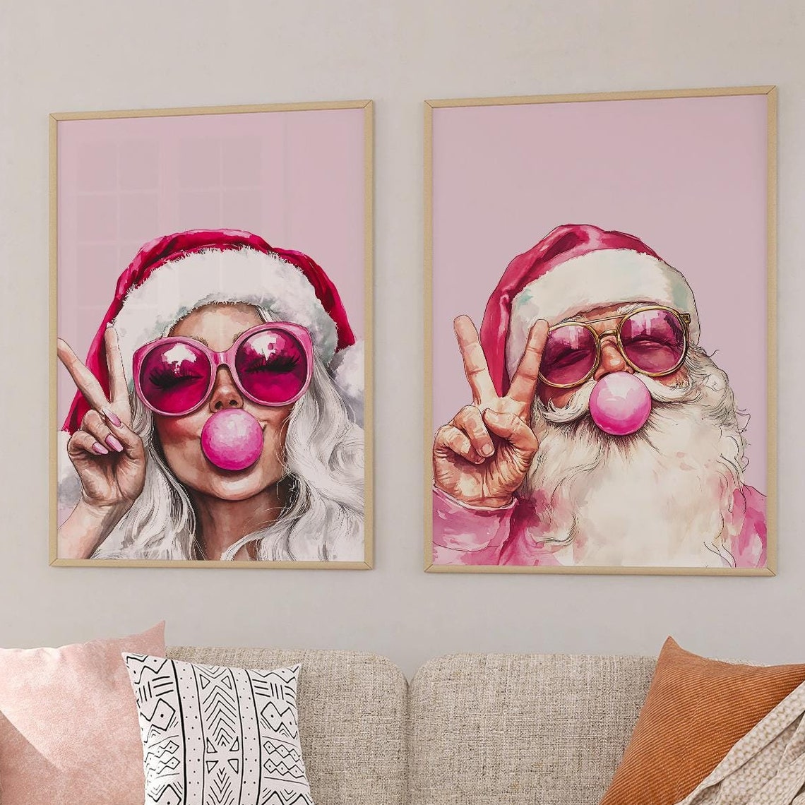 Pink Santa Couple Bubblegum Blowing Peace Sign Mrs Claus Duo Poster