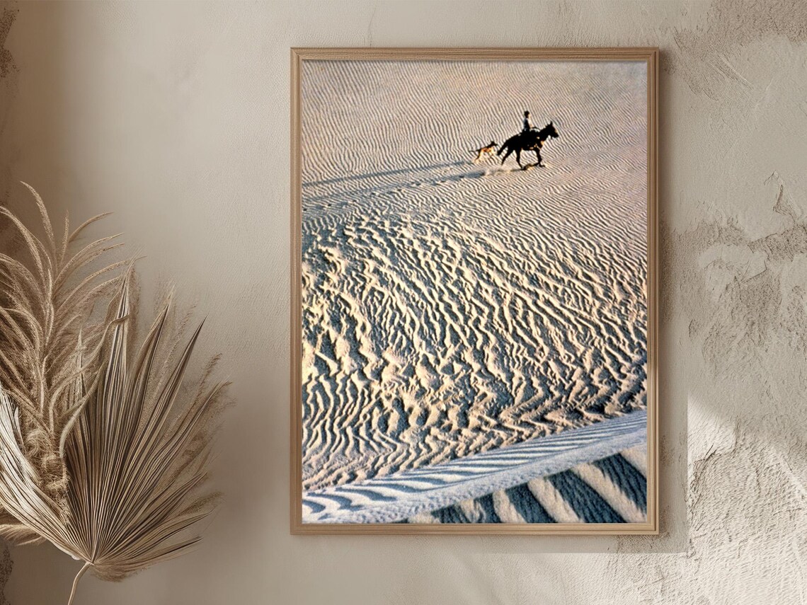 Peru Desert Horse Rider Dog Crossing Rippled Sand Dunes Vintage Poster