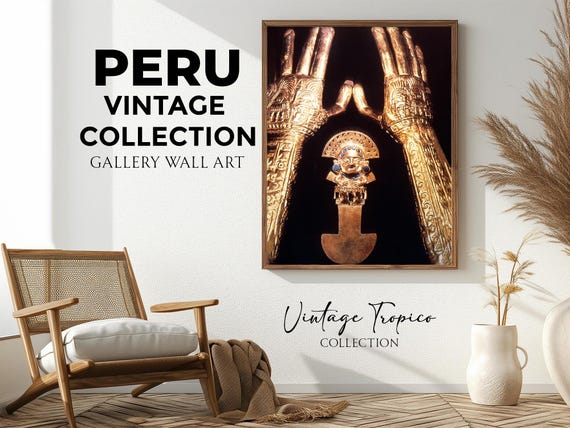 Peru Vintage Art Print, Inca Gold Tumi Hands