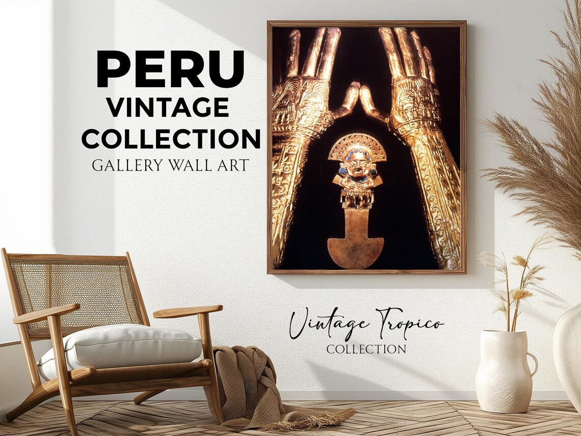 Peru Vintage Art Print, Inca Gold Tumi Hands