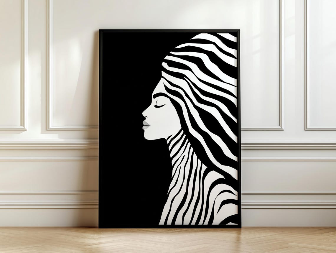 Minimalist Black And White Portrait Bold Zebra Inspired Woman Print Modern Monochrome Wall Art Striped