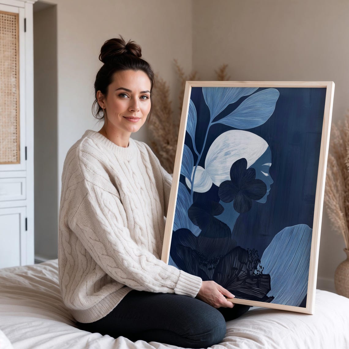 Moody Abstract Portrait Of Woman Delicate Blue Tones Feminine Botanical Artwork Dreamlike Art For Elegant Interiors - Image 3