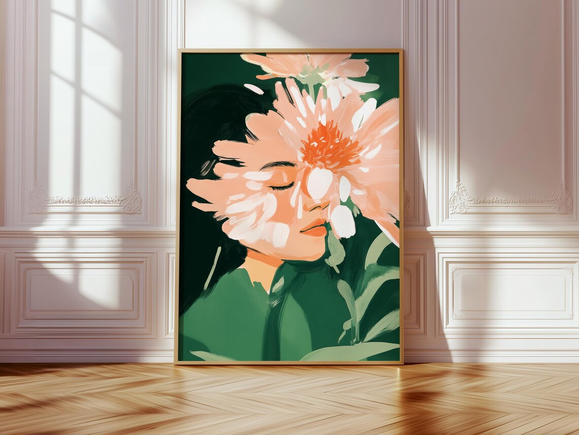 Woman Face Veiled By Peach Blossoms Dark Green Floral Art Poster