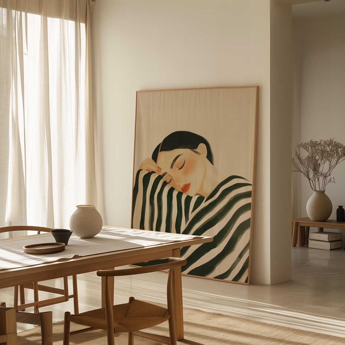 Resting Woman in Emerald Green Striped Blouse Minimalist Poster - Image 2