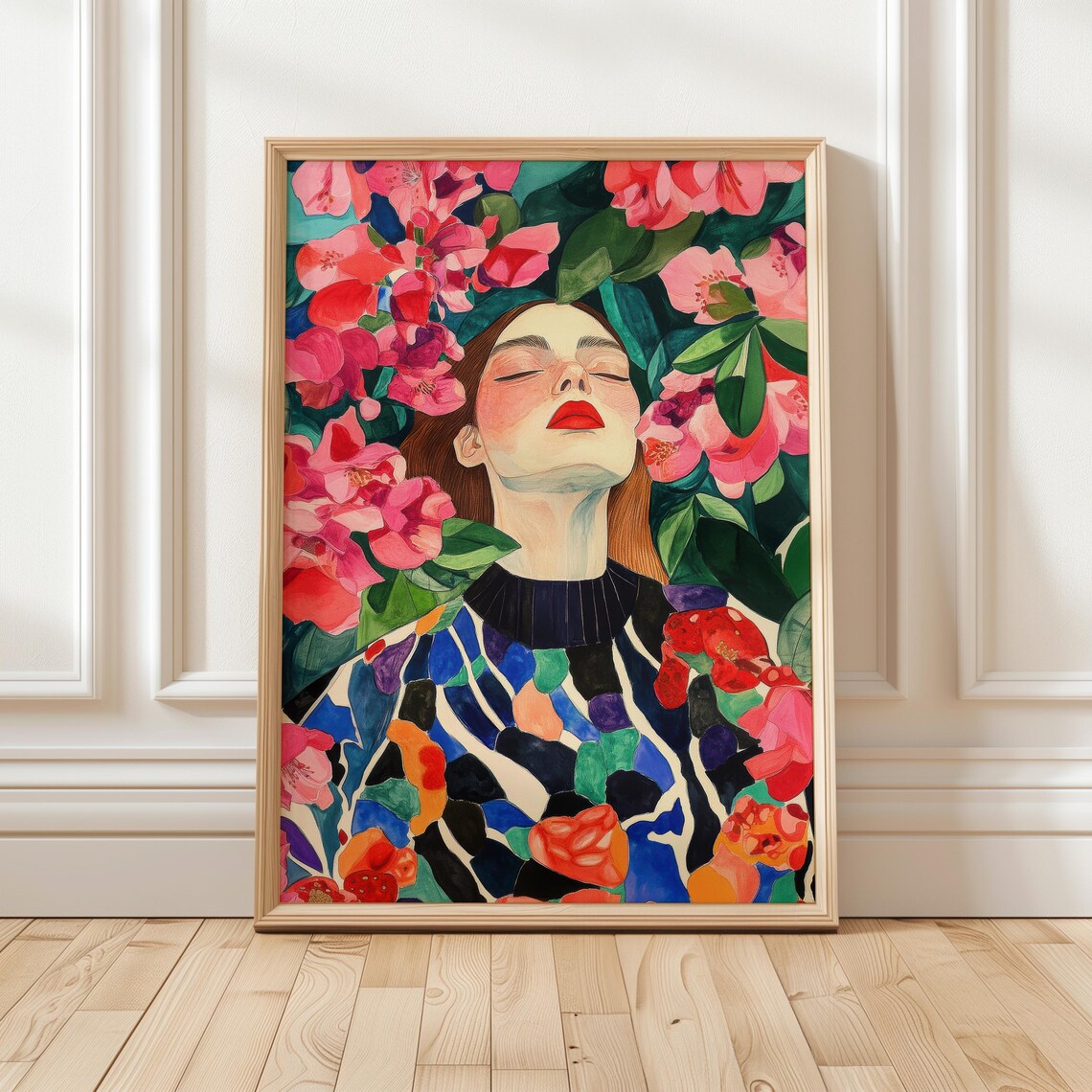 Vibrant Floral Woman Portrait Colorful Botanical Modern Wall Art
