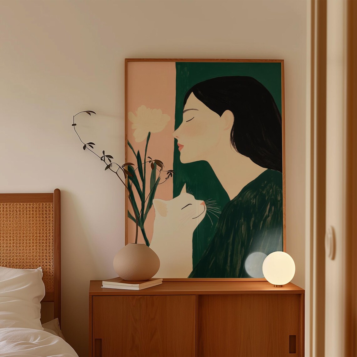 Minimalist Serene Woman Holding White Cat Green Blush Art Poster - Image 2