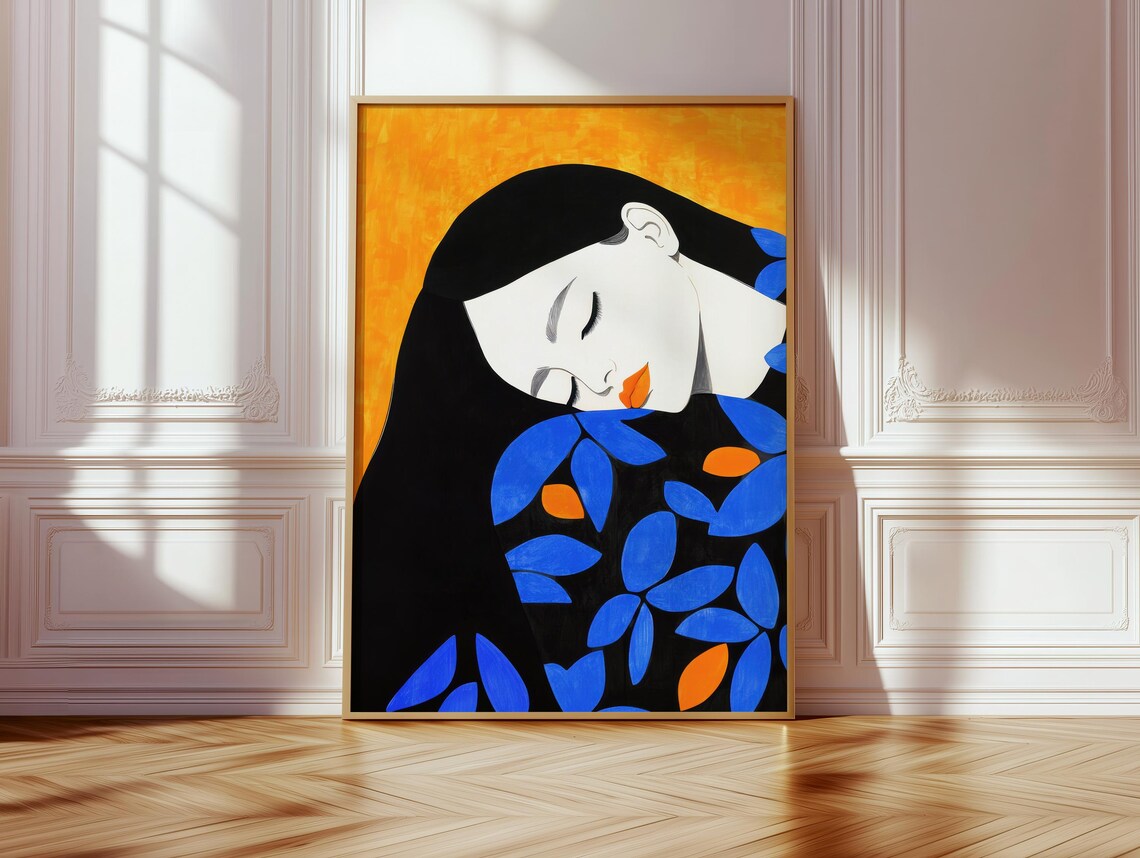 Modern Woman Portrait With Orange Leaves Abstract Art Poster