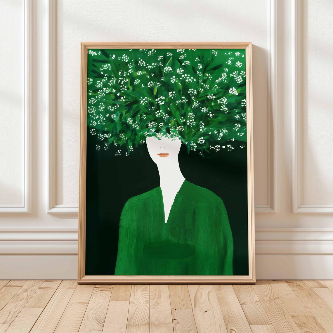 Woman With Baby Breath Flower Crown Emerald Green Botanical Poster