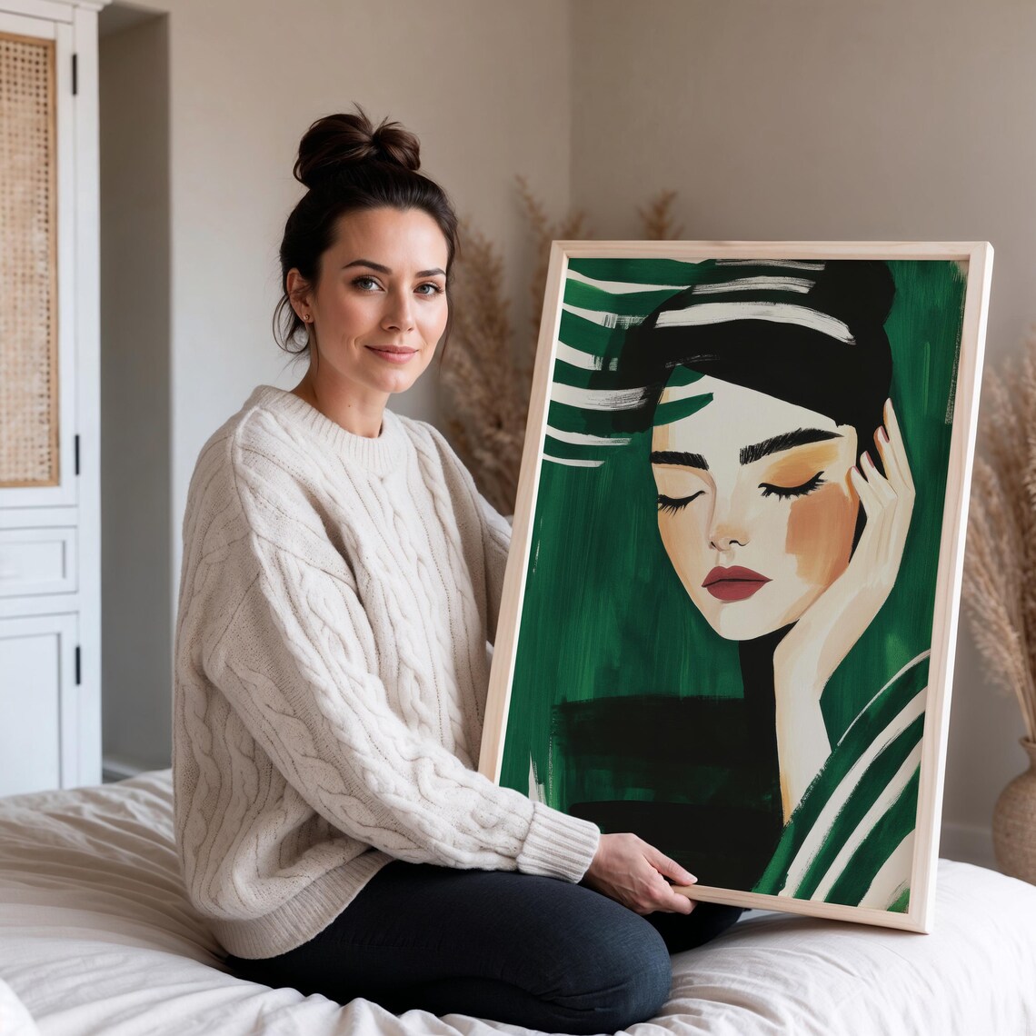 Emerald Green Striped Woman Portrait Modern Minimalist Poster - Image 3