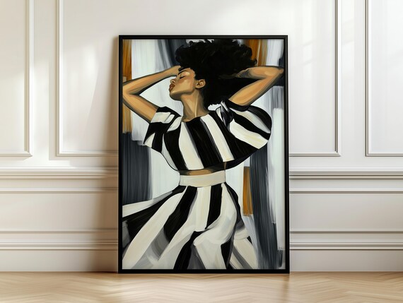 Dancing Afro Woman Portrait Bold Striped Movement Print Abstract Expressive Wall Art Feminine Energy Artwork