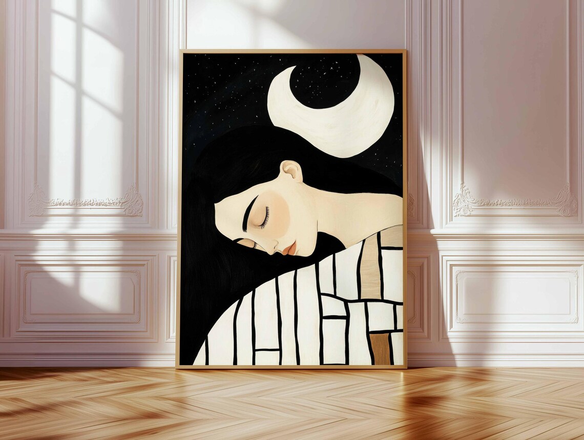 Sleeping Woman Under Crescent Moon in Starry Night Sky Art Poster