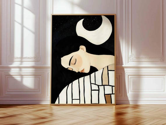 Sleeping Woman Under Crescent Moon Starry Sky Artwork Neutral Earthy Tones Modern Dreamy Portrait Feminine