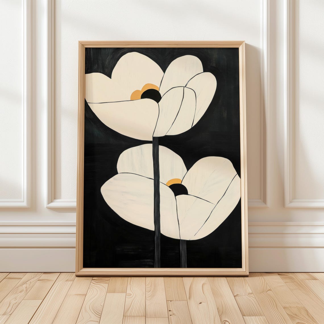 Black White Minimalist Floral Blooms Modern Botanical Art Poster