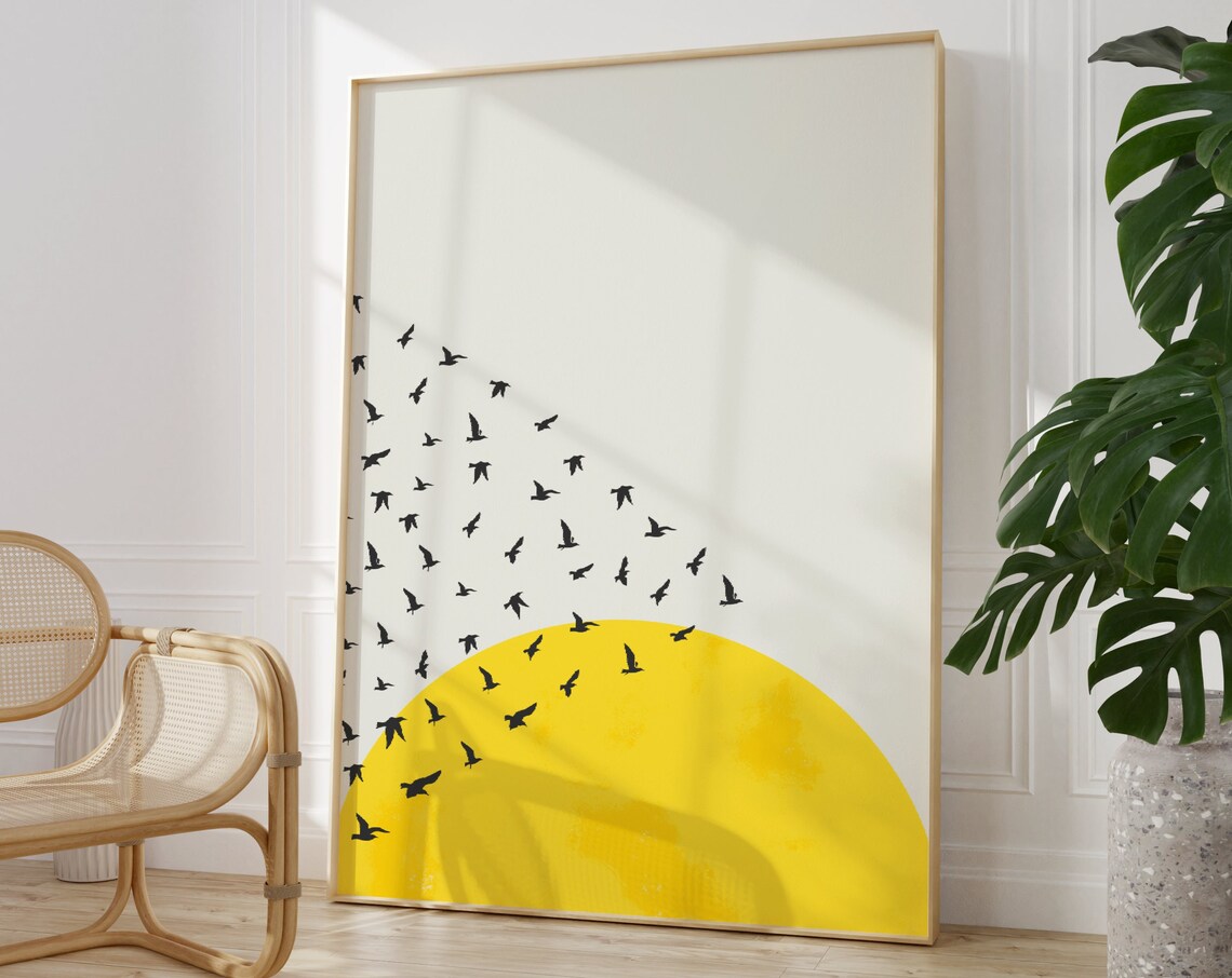 Birds Flying Over Yellow Sun Minimalist Illustration Gallery Art Print