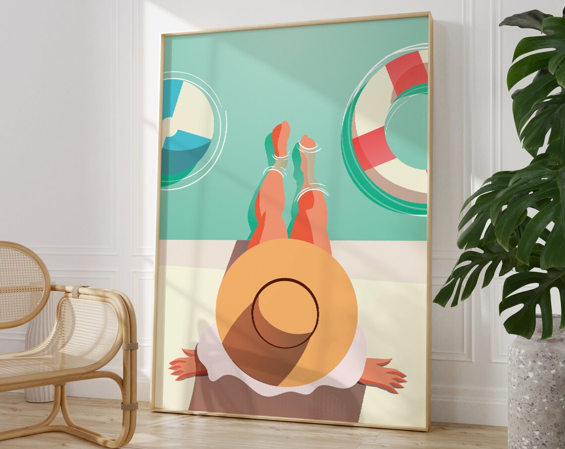 Poolside Summer Relaxation Poster Woman Sunhat Flat Illustration Retro Decor