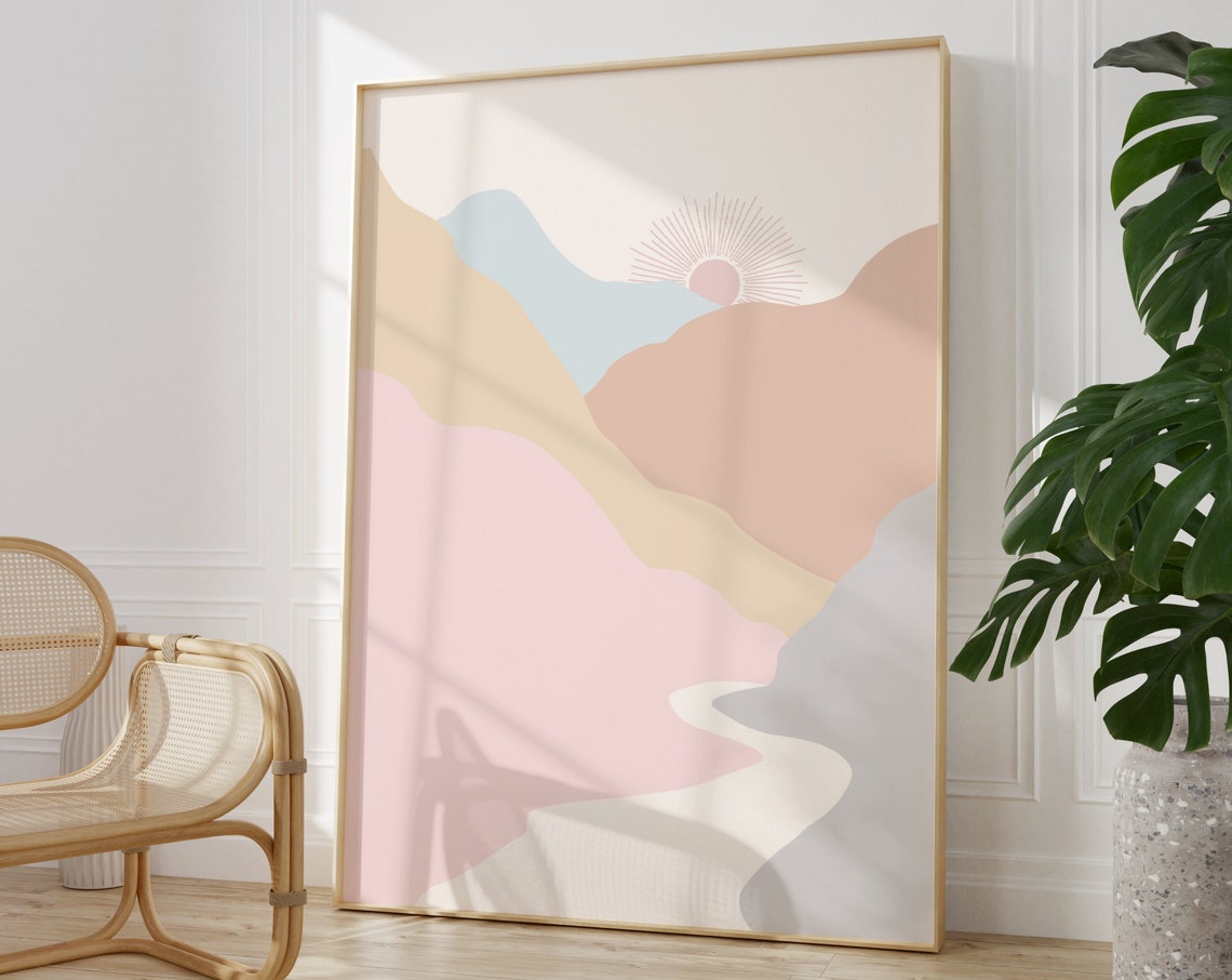 Pastel Mountain Abstract Sun Landscape Scandinavian Style Art Poster