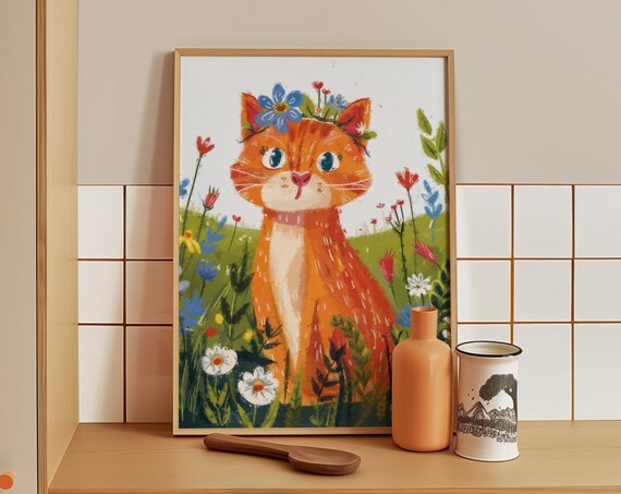 Whimsical Orange Tabby Cat With Flower Crown in Wildflower Field Poster