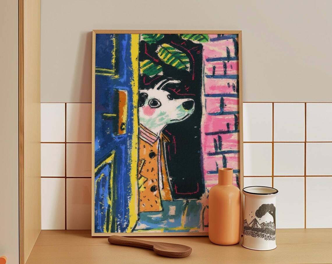 Shy White Dog in a Spotted Trench Coat Peeking Around a Door Poster