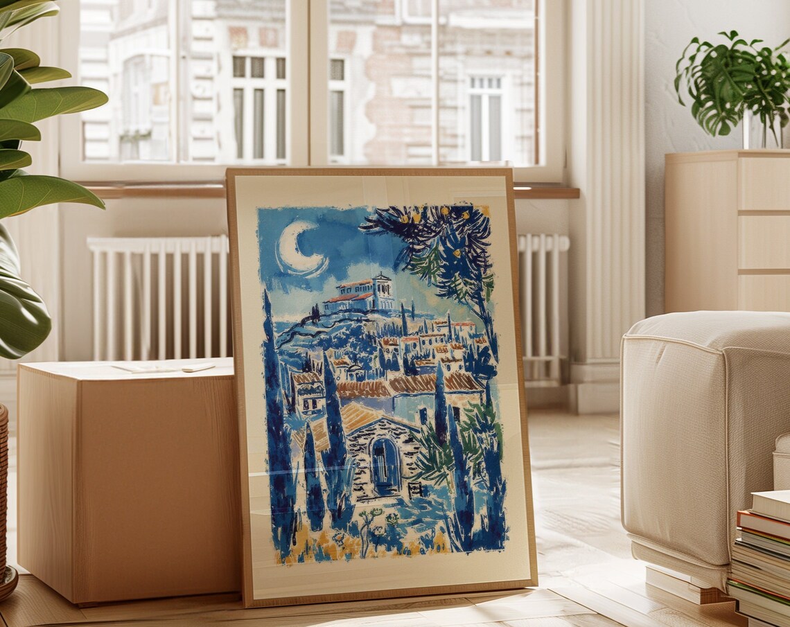 Moonlit Acropolis Above A Greek Village In Blue Watercolor Poster