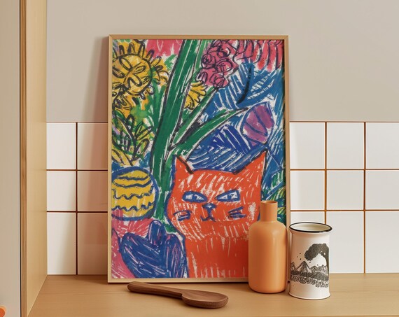 Orange Cat In Tropical Foliage Sunflower Colorful Art Poster