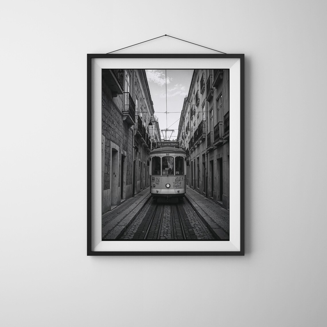 Vintage Tram Streetcar Black And White Photo Cobblestone Street Poster
