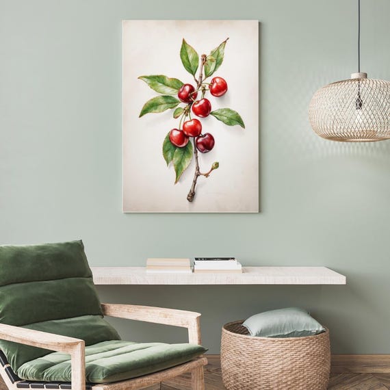 Cherry Twig Wall Art Watercolor Fruit Branch Print Red Botanical Kitchen Decor Png