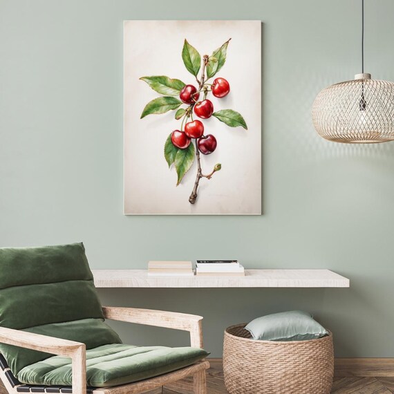 Cherry Twig Watercolor Botanical Red Fruit Branch Print Minimalist Kitchen Art
