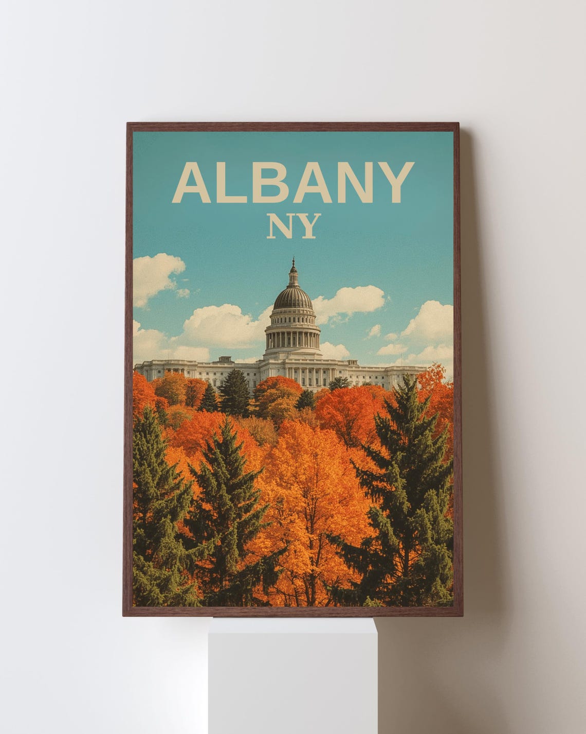 Albany New York Retro Travel Poster Fall Foliage Capitol View