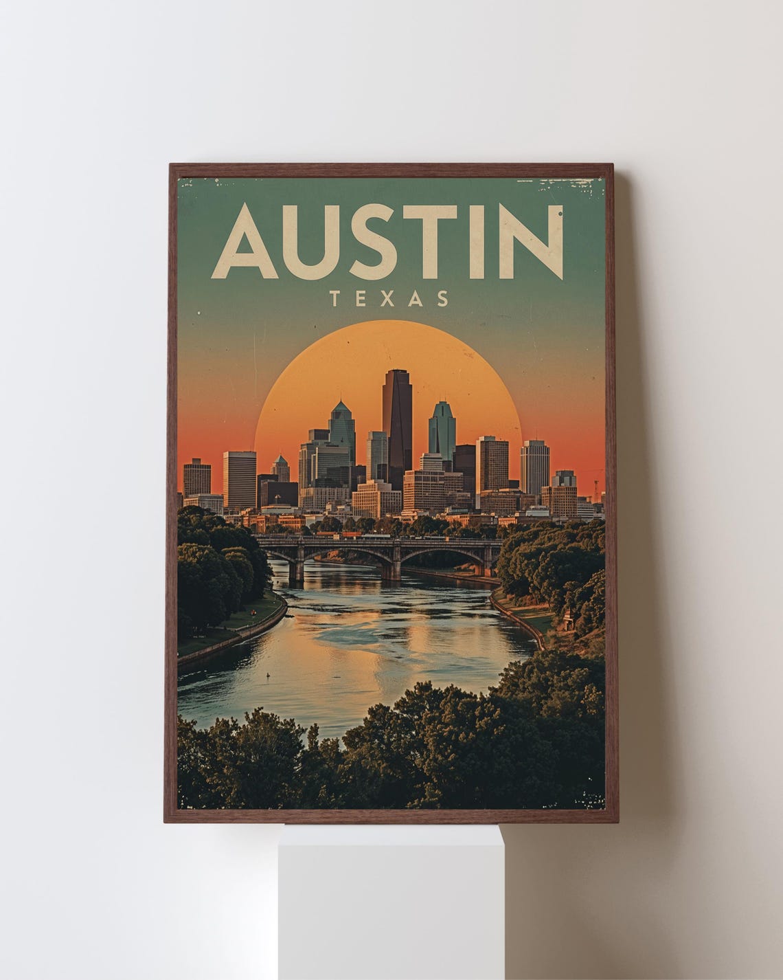 Austin Texas Retro Skyline Sunset Over the River View Poster