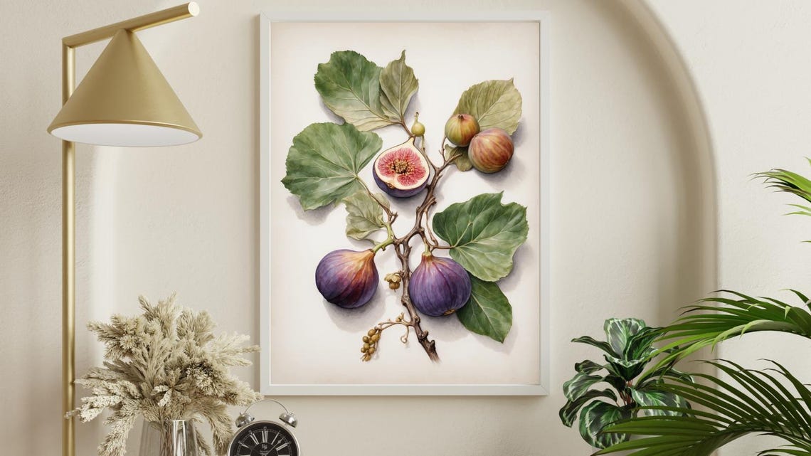 Fig Branch Wall Art Watercolor Purple Fruit Print Mediterranean Botanical Decor Instant Png