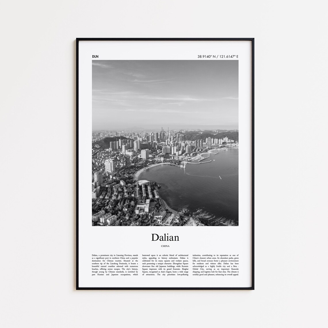 Dalian Bay Coastal Skyline Black And White China Travel Poster