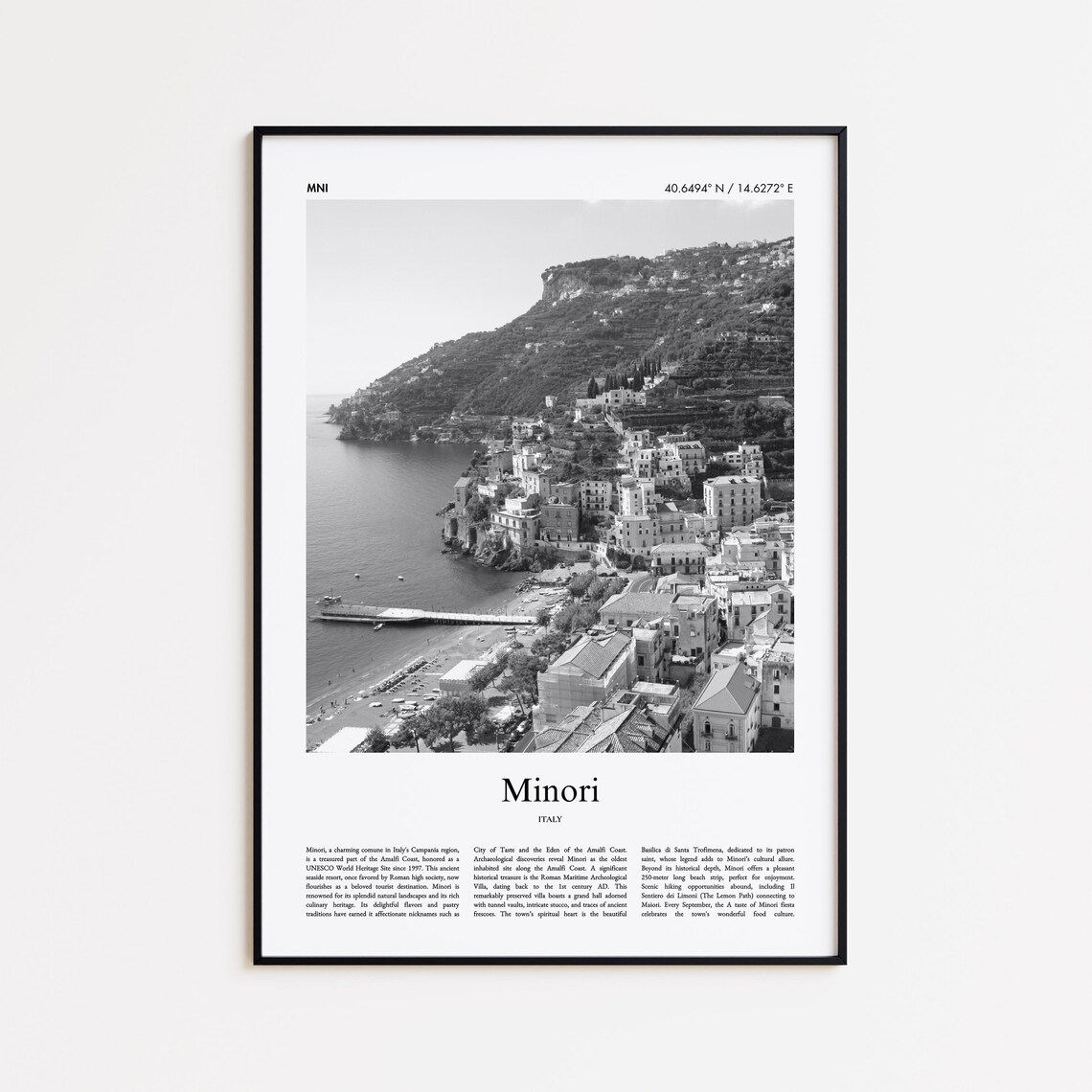 Minori Italy Amalfi Coast Black And White Village Photography Poster