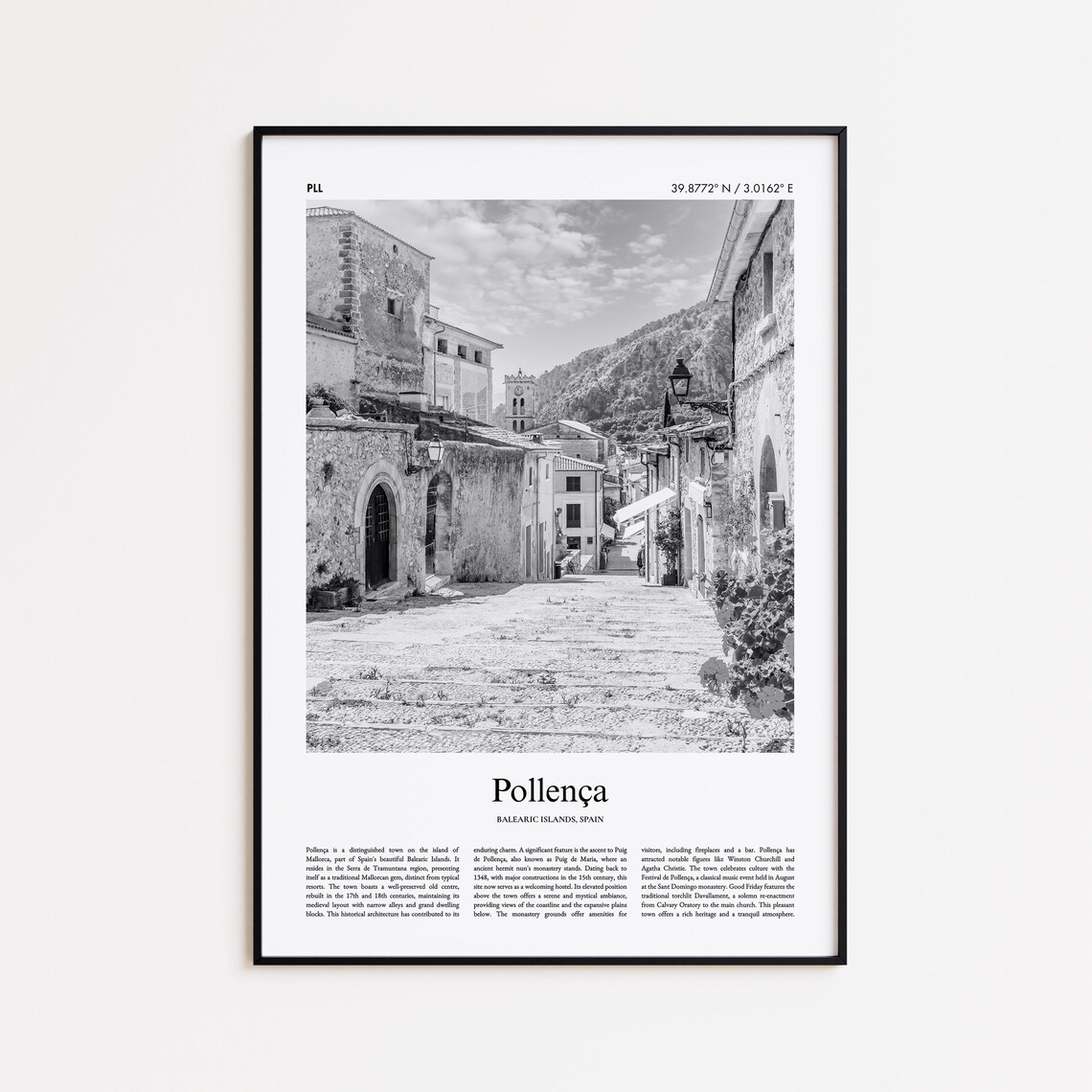 Pollenca Mallorca Black and White Old Street Photo Travel Poster
