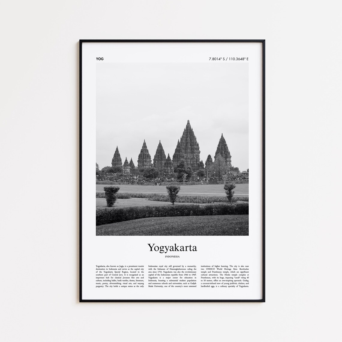 Yogyakarta Prambanan Temple Black And White Indonesia Travel Poster