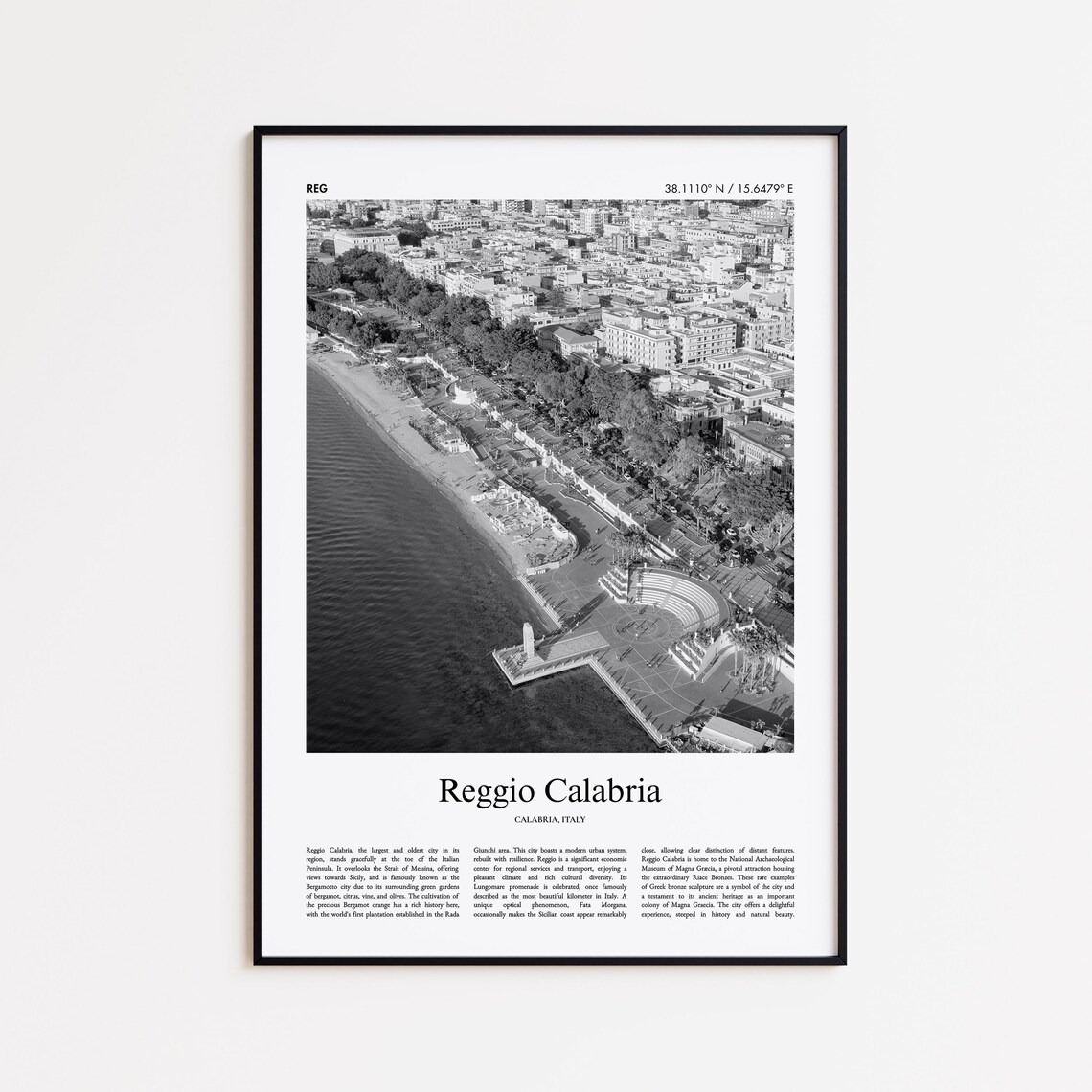 Reggio Calabria Waterfront Aerial Black and White Italy Poster