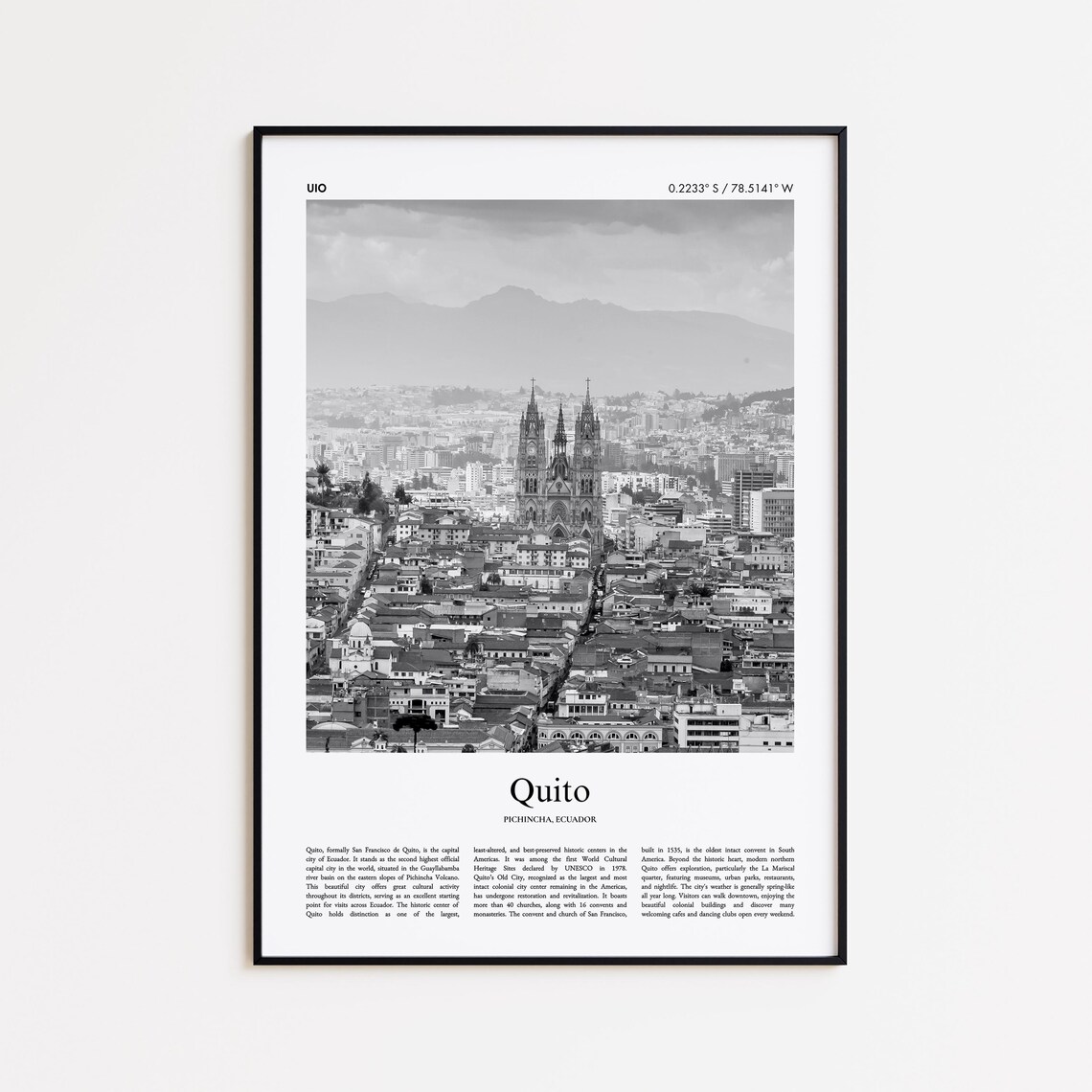 Quito Ecuador Black and White Colonial Old Town Photo Poster