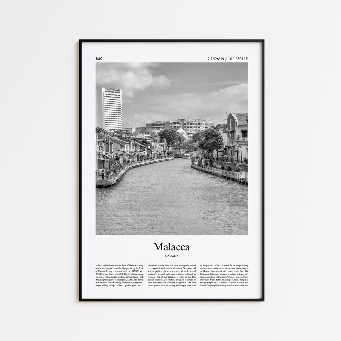 Malacca Malaysia Black And White Photography Poster Riverfront